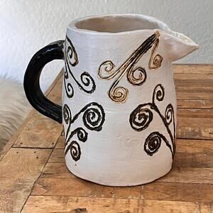 Studio Art Pottery Jug Pitcher 9" Ceramic Hand-Painted Spirals Brown & Ivory
